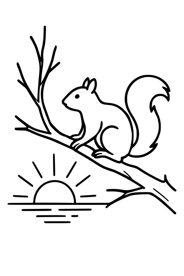 Free Squirrel Coloring Page - Sunrise On A Tree Branch (Printable PDF)