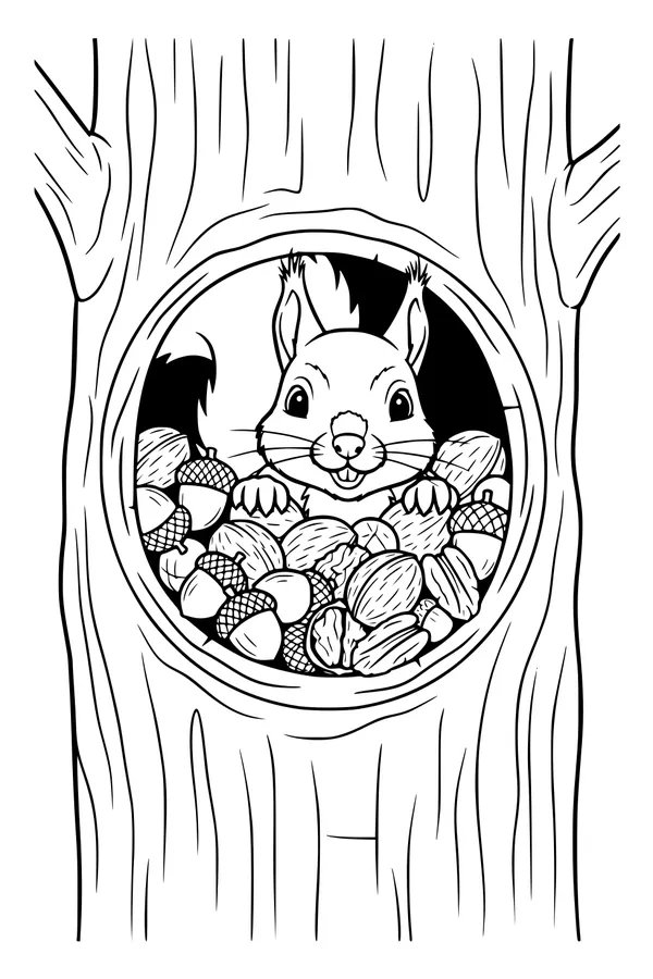 Free Squirrel Coloring Page - Happy Squirrel in Tree Hollow (Printable PDF)