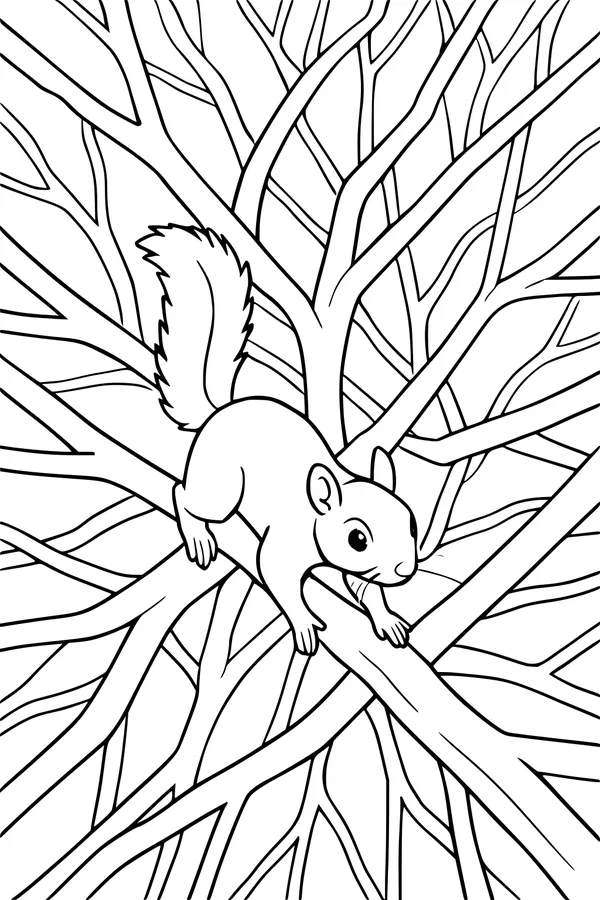 Free Squirrel Coloring Page - Curious Squirrel on Forest Branch (Printable PDF)
