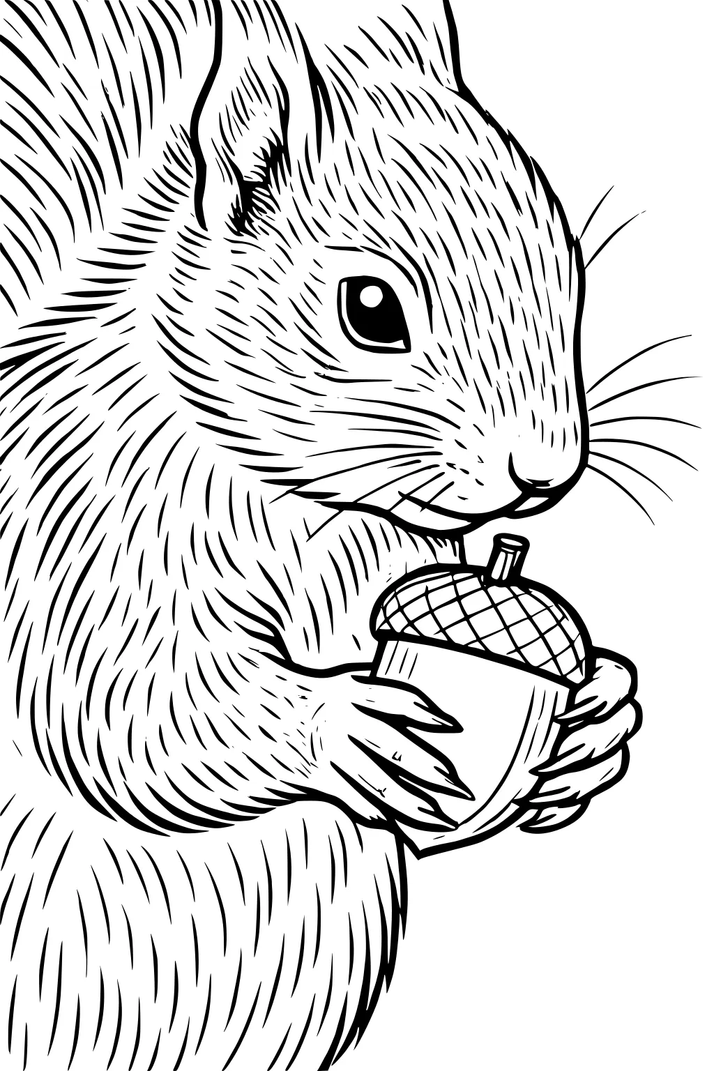 Squirrel holding a big acorn in its tiny paws with fluffy fur and whiskers showing.