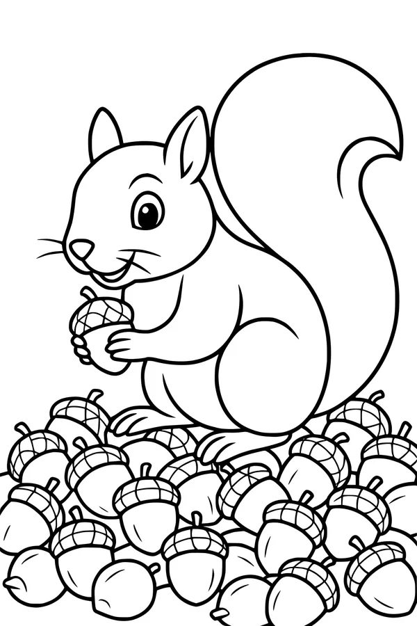 Free Squirrel Coloring Page - Happy Acorn Feast in the Forest (Printable PDF)