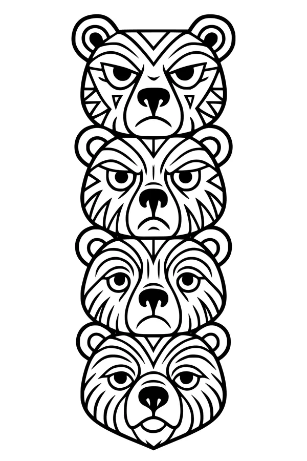 Free Bear Coloring Page - Grumpy Totem Face Stack (Printable PDF)