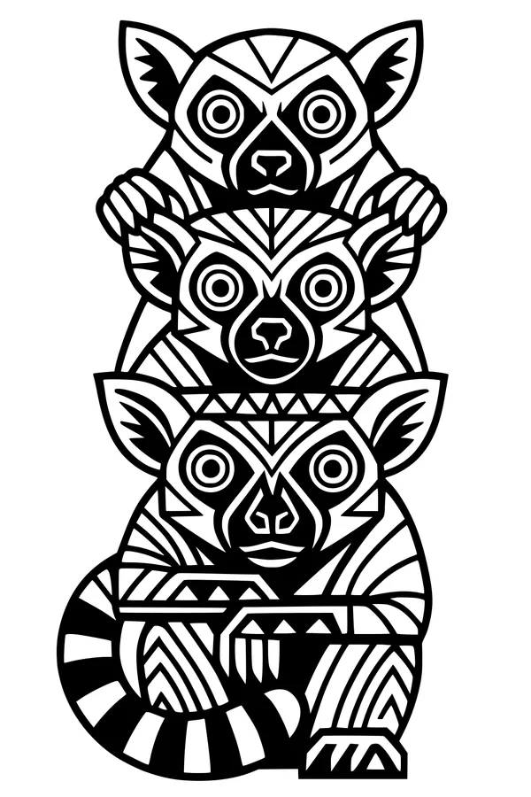 Free Lemur Coloring Page - Three Stacked Lemurs With Big Eyes (Printable PDF)