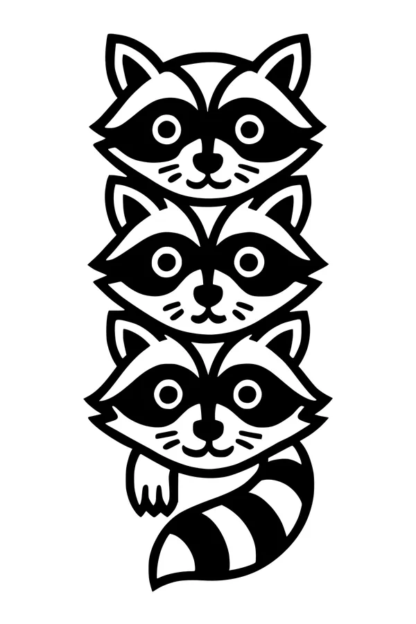 Free Raccoon Coloring Page - Three Cute Faces in a Stack (Printable PDF)