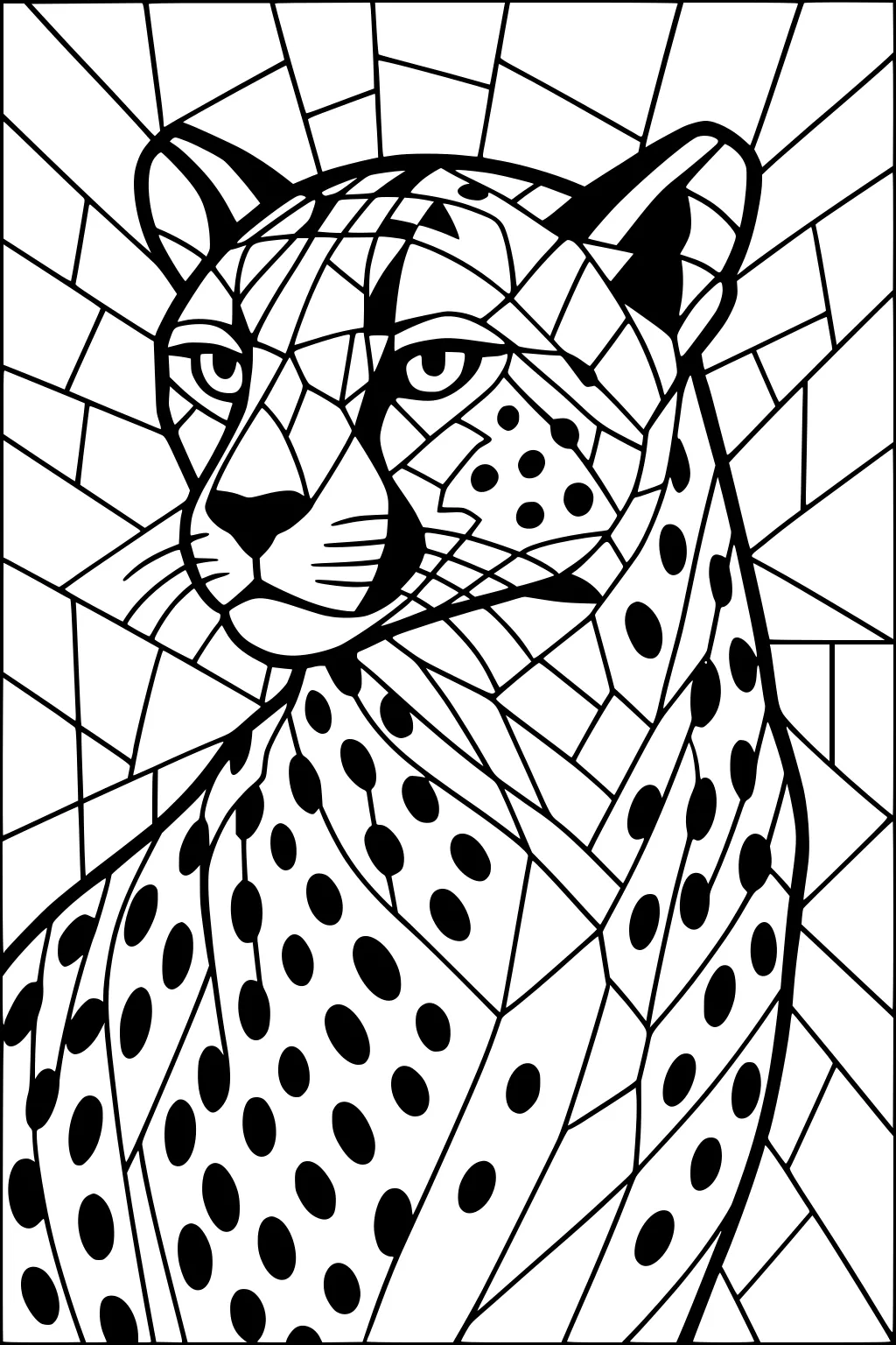 Cheetah with spotted fur and sunburst background, outlined in a stained glass pattern for coloring.