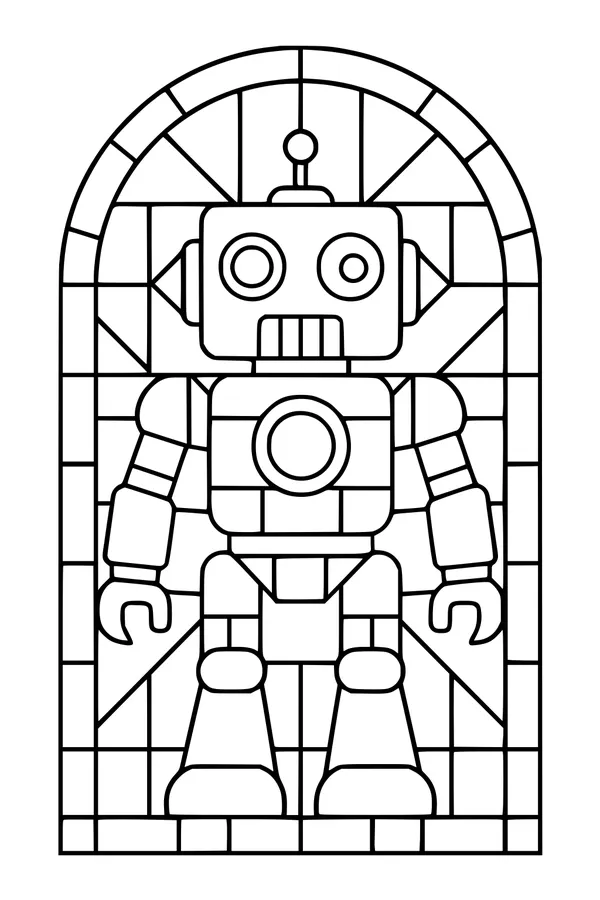 Free Robot Coloring Page - Friendly Stained-Glass Window Bot (Printable PDF)