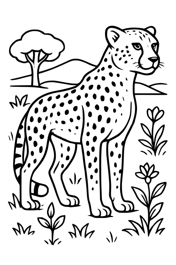 Free Cheetah Coloring Page - Spotted Big Cat in Sunny Savanna (Printable PDF)