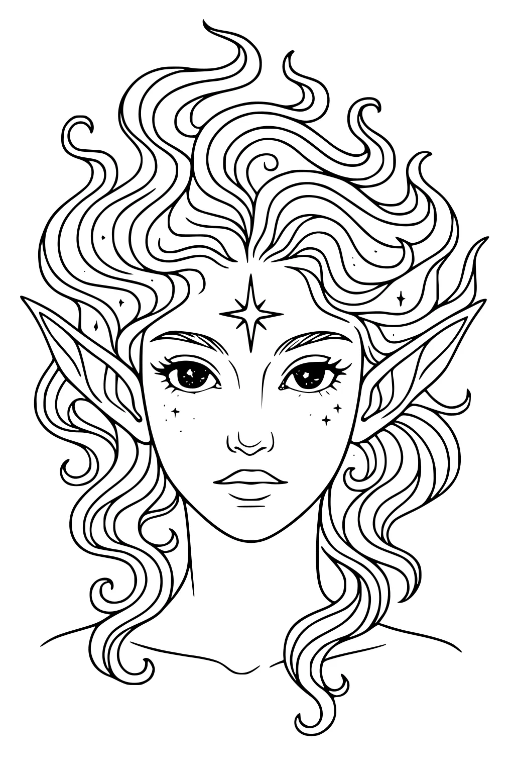 Line art portrait of a fairy girl with wavy hair, pointed ears, a star on her forehead, and small sparkles on her cheeks.