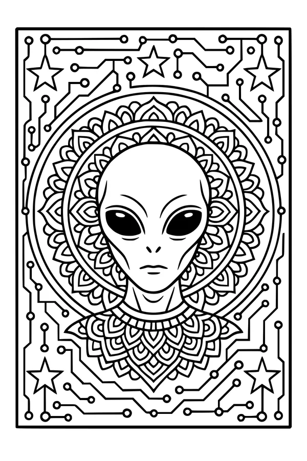 Free Alien Portrait Coloring Page - Starlight Circuit Mandala (Printable PDF)