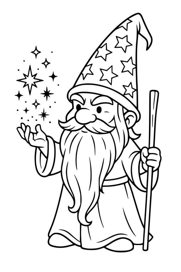 Free Gnome Wizard Coloring Page - Starry Hat and Magic Sparkles (Printable PDF)