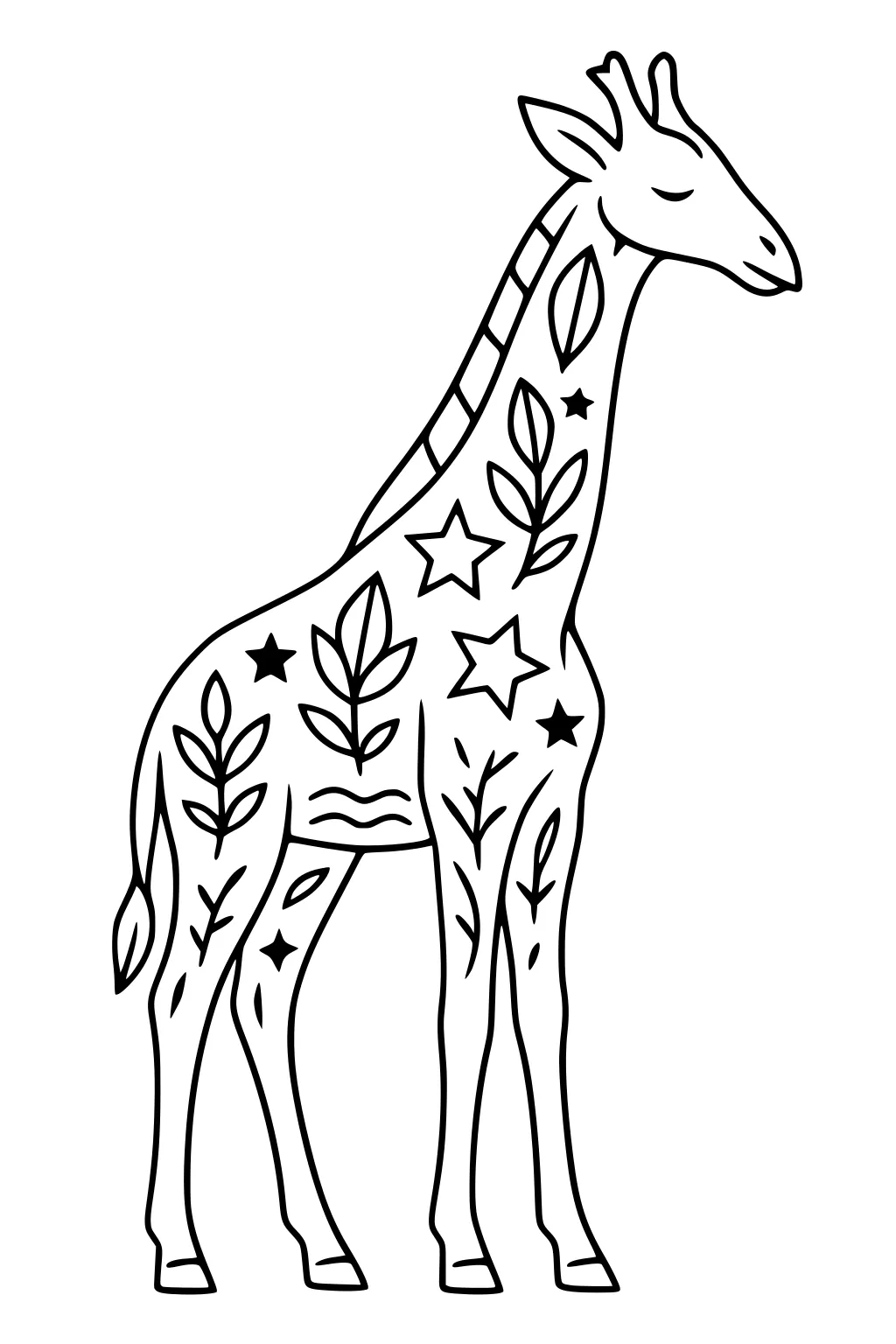 Giraffe with eyes closed, decorated with stars and leafy branches.