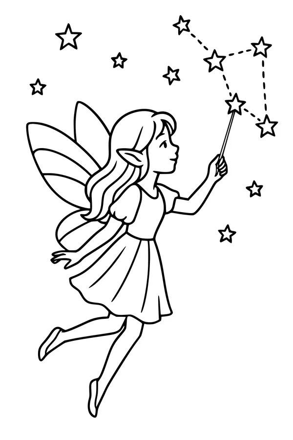Free Fairy Coloring Page - Star-Mapper in Night Sky (Printable PDF)