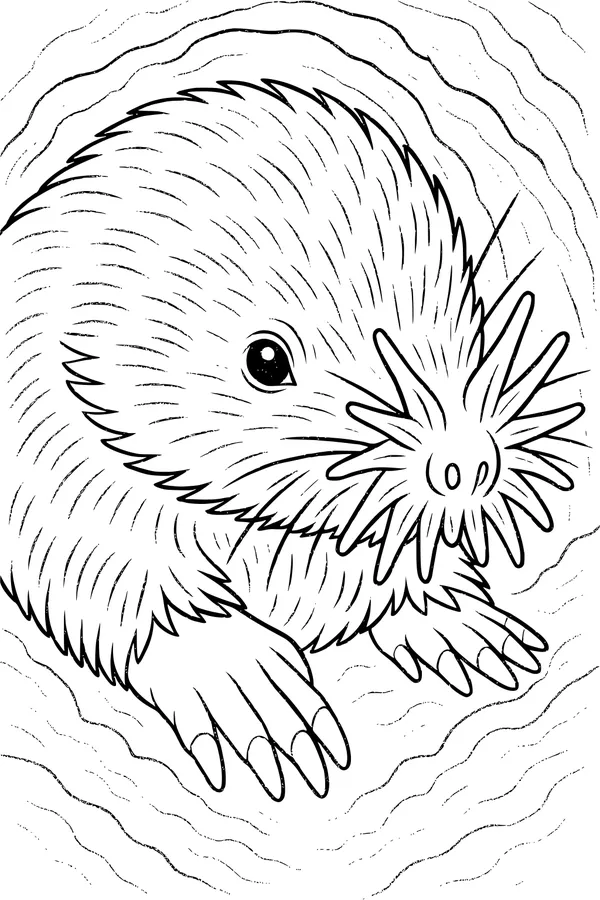 Free Star-Nosed Mole Coloring Page - Burrowing in Muddy Underground Tunnel (Printable PDF)
