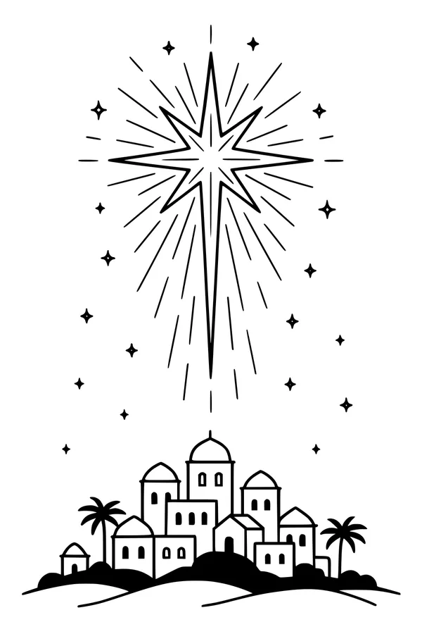 Free Star of Bethlehem Coloring Page - Holy Night Over Bethlehem Town (Printable PDF)