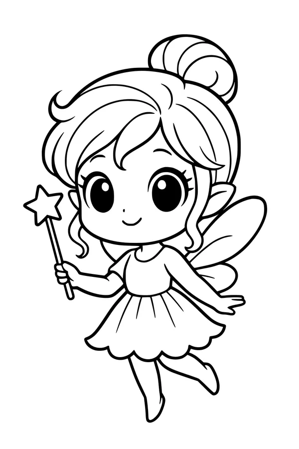 Free Fairy Coloring Page - Cute Star Wand Fairy Floating (Printable PDF)