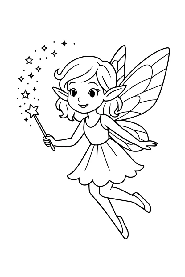 Free Fairy Coloring Page - Starry Wand Fluttering Fairy (Printable PDF)