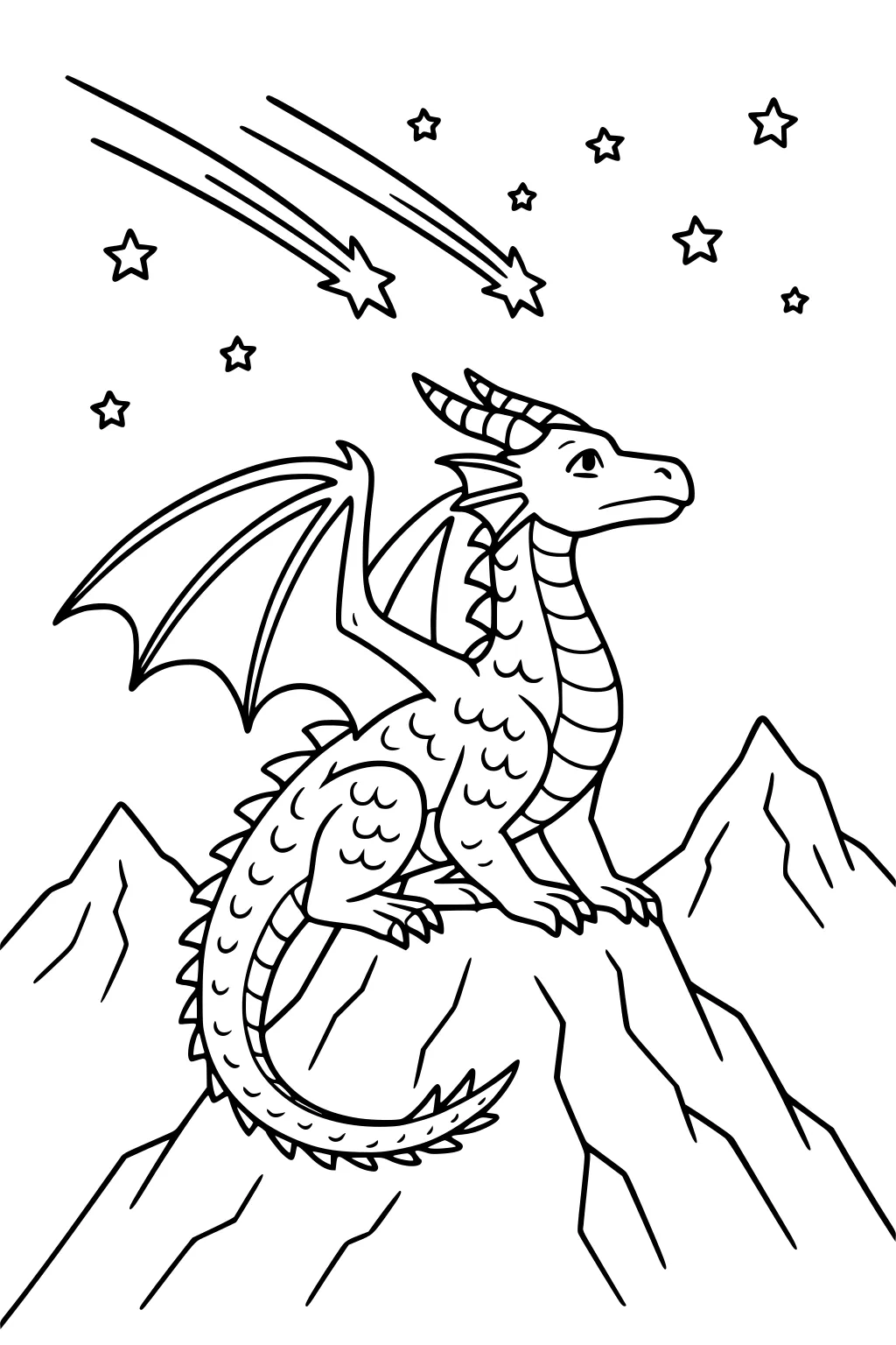 Horned dragon with folded wings on a mountain peak under three shooting stars, with scattered stars and jagged mountains behind.