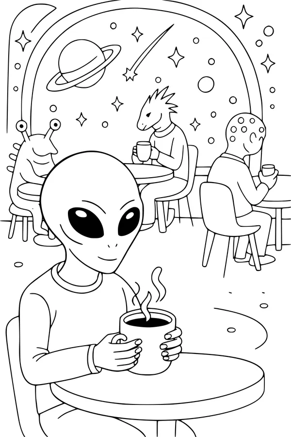 Free Alien Cafe Coloring Page - Friendly Starlight Cocoa Scene (Printable PDF)