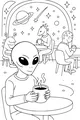 Free Alien Cafe Coloring Page - Friendly Starlight Cocoa Scene (Printable PDF)