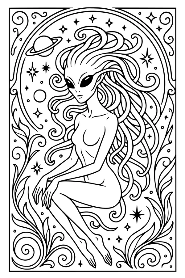 Free Alien Girl Coloring Page - Starlight Swirls in Outer Space (Printable PDF)