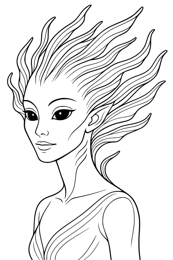 Free Alien Girl Coloring Page - Starlight Portrait with Wavy Hair (Printable PDF)