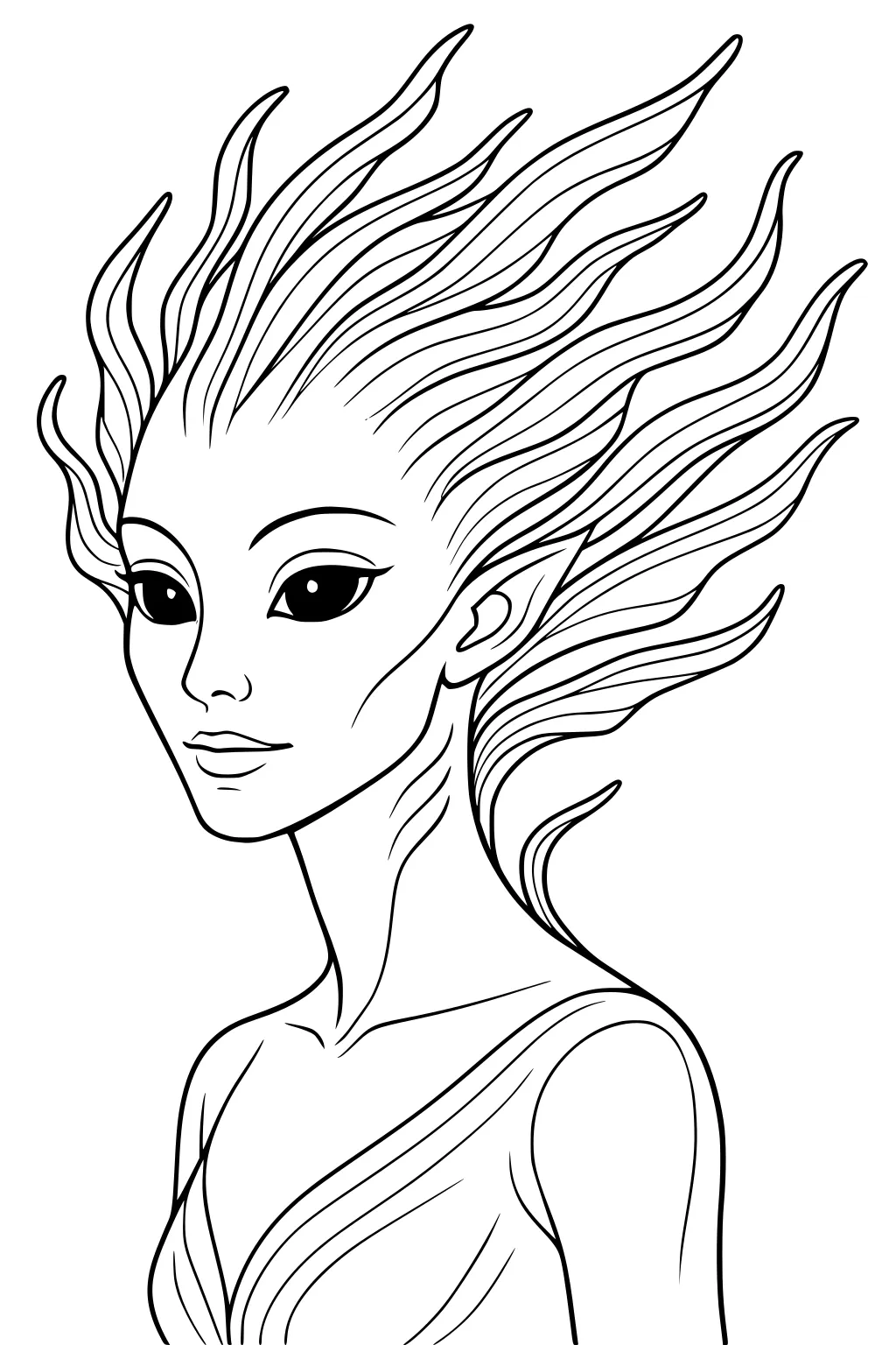 Smiling alien girl with large eyes, pointed ear, flowing wavy hair, and a draped dress drawn in clean line art on a plain background.