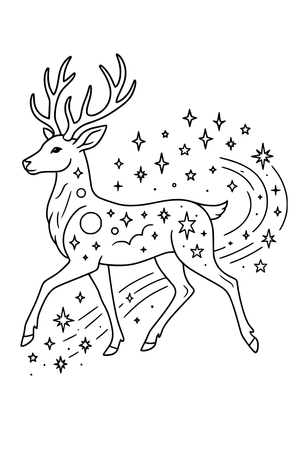 Line drawing of a deer with big antlers, covered in stars and moons, surrounded by swirling star shapes.