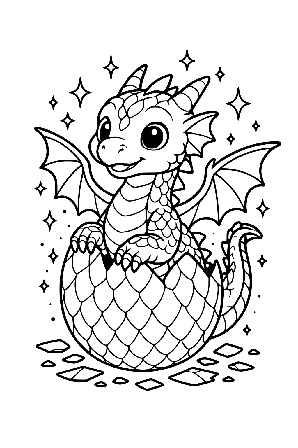 Baby dragon with wings hatching from a scaly egg, smiling, surrounded by sparkles and broken egg shell pieces on the ground.