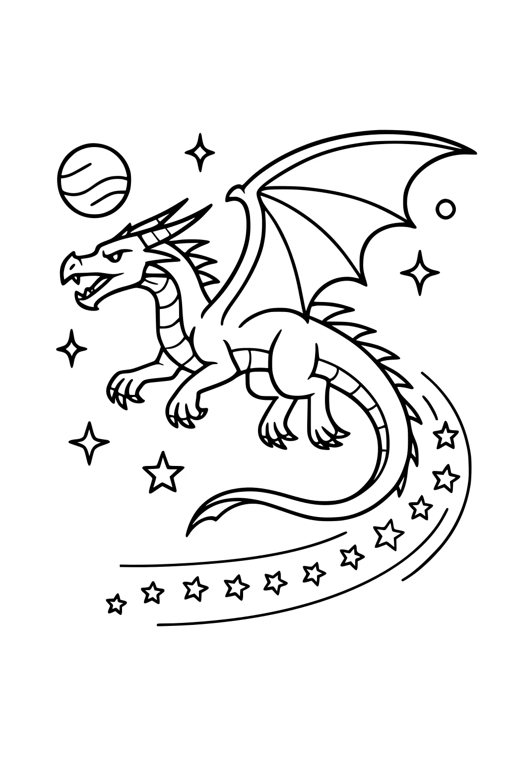 Winged dragon flies past a striped planet and stars, long tail curling over a curved trail filled with small star shapes.