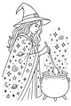 Free Witch Coloring Page - Starlight Girl Stirring Magic Cauldron (Printable PDF)