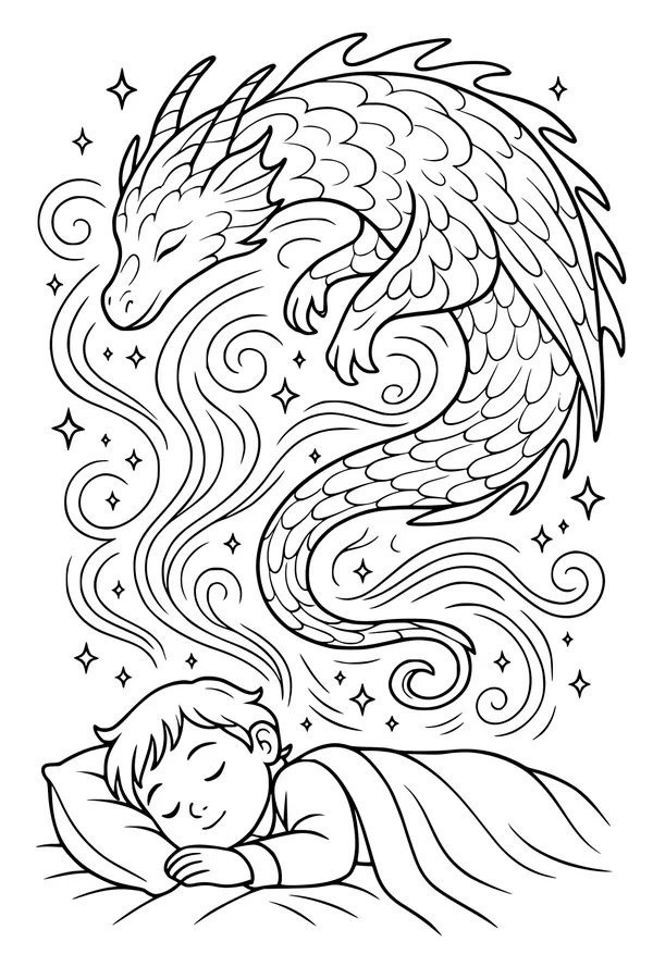 Free Dragon Coloring Page - Gentle Guardian Over Sleeping Boy (Printable PDF)