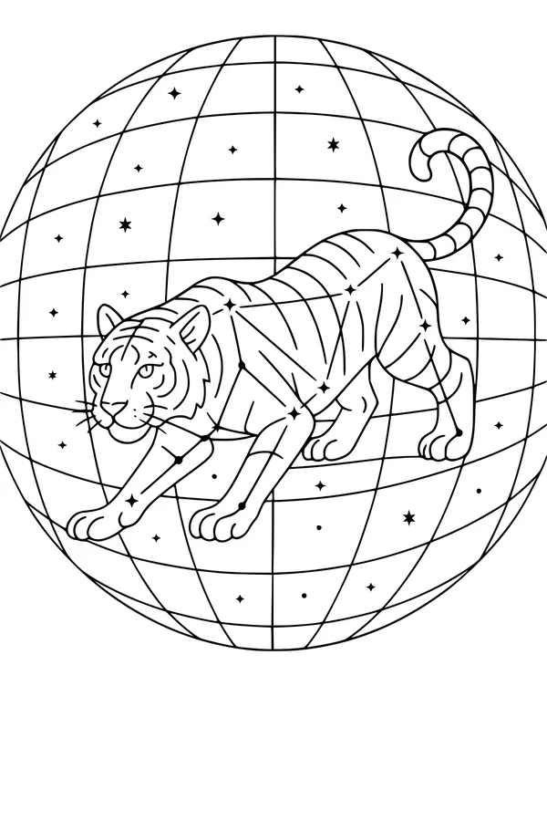 Free Tiger Coloring Page - Constellation Tiger Walking on Starry Globe (Printable PDF)