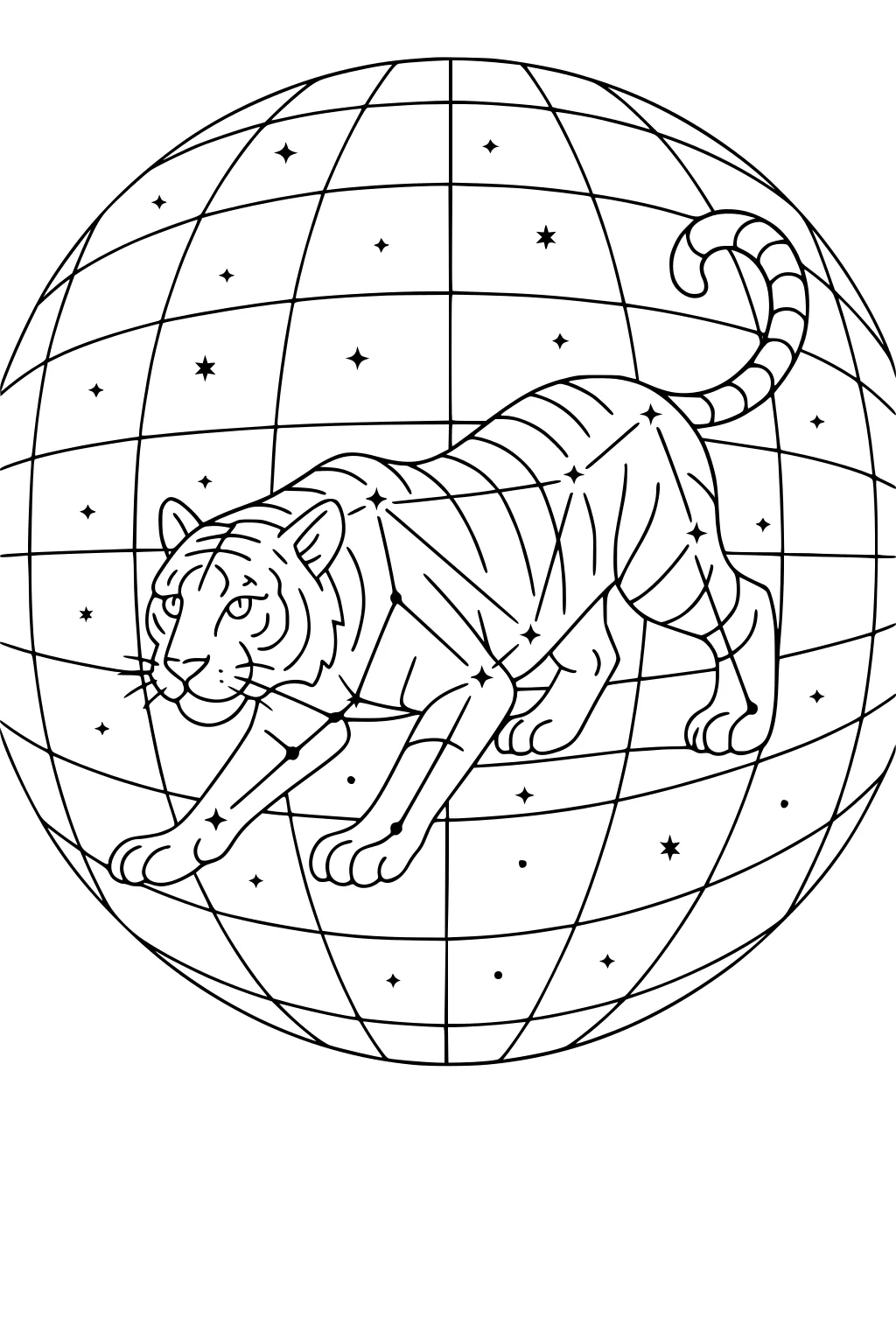 Tiger with constellation markings walking on a star-covered globe, surrounded by a night sky full of stars.