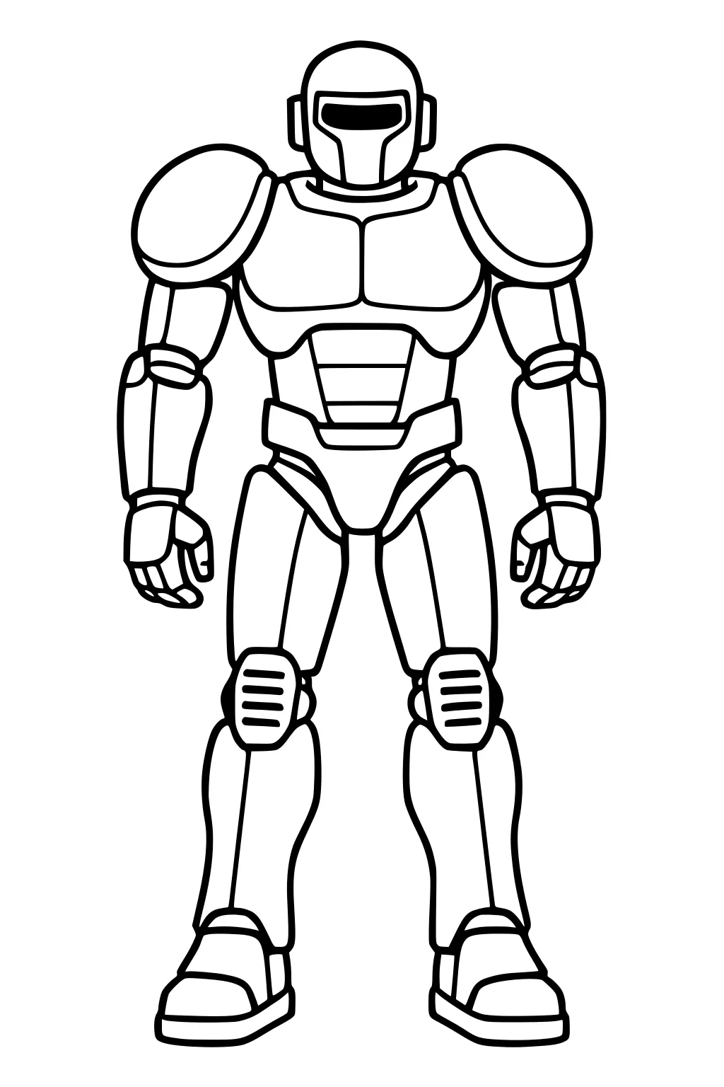 Front view humanoid robot with helmet visor, rounded shoulder armor, chest plates, vented kneepads, and chunky boots outlined for coloring.