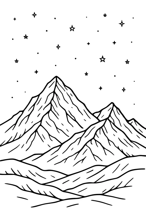 Free Christmas Night Coloring Page - Starry Mountain Landscape (Printable PDF)