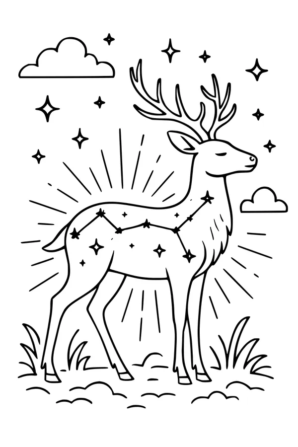 Free Deer Coloring Page - Starry Night Stag in Meadow (Printable PDF)