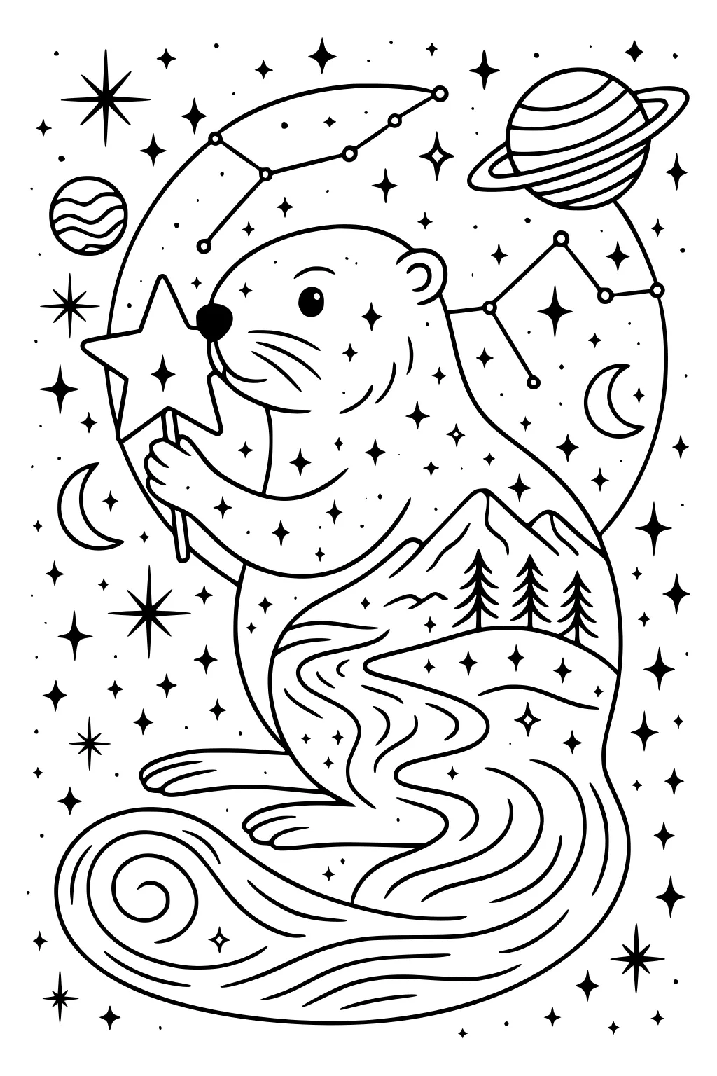 Beaver with a star wand sits under planets, constellations, and stars. Mountains, pine trees, and a river line his back and tail.
