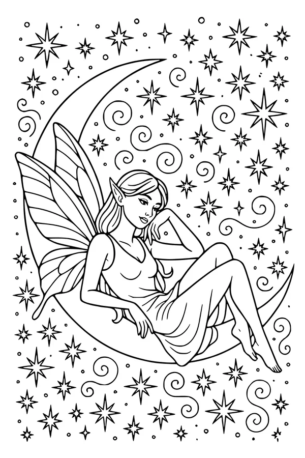 Free Fairy Coloring Page - Starry Crescent Moon Bedtime Scene (Printable PDF)