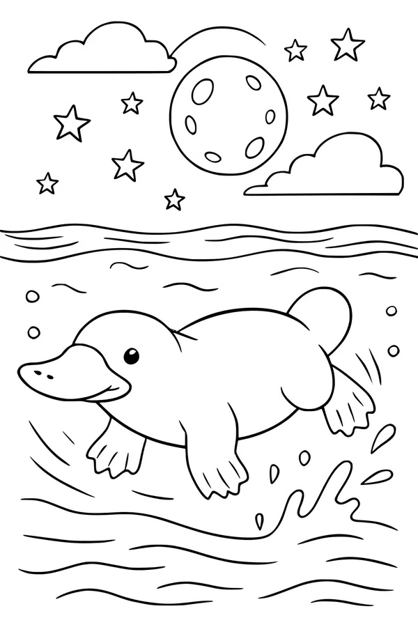 Free Platypus Coloring Page - Swimming Under a Starry Night (Printable PDF)