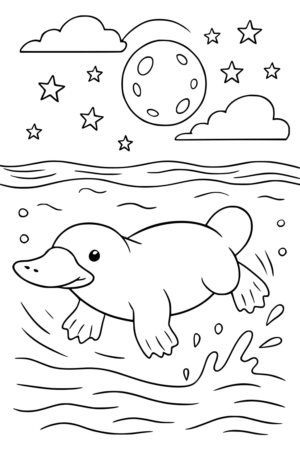 Platypus swimming at night with moon, stars, clouds, and water with splashes and bubbles.