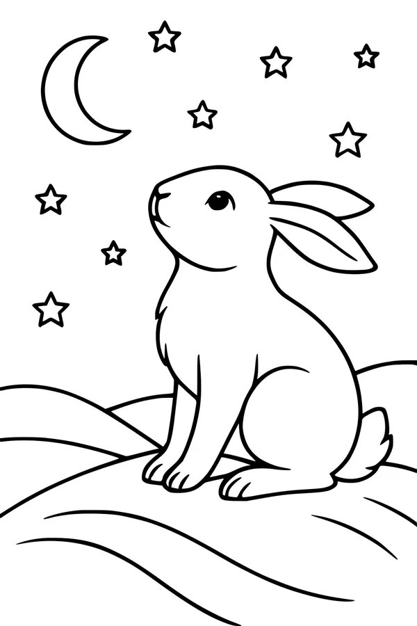 Free Rabbit Coloring Page - Bunny Under a Starry Moon (Printable PDF)
