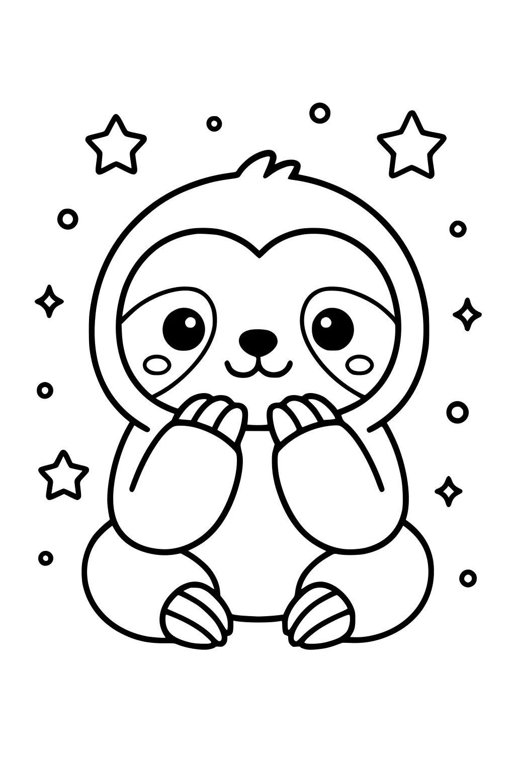 Sitting sloth with paws on cheeks, surrounded by stars and dots