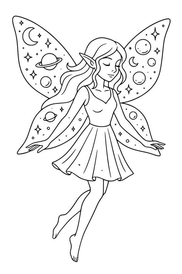 Free Fairy Coloring Page - Starry Winged Moon Fairy Girl (Printable PDF)