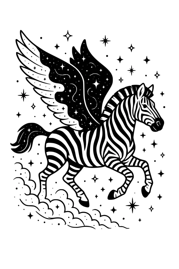 Free Zebra Coloring Page - Winged Zebra in Starry Night Sky (Printable PDF)