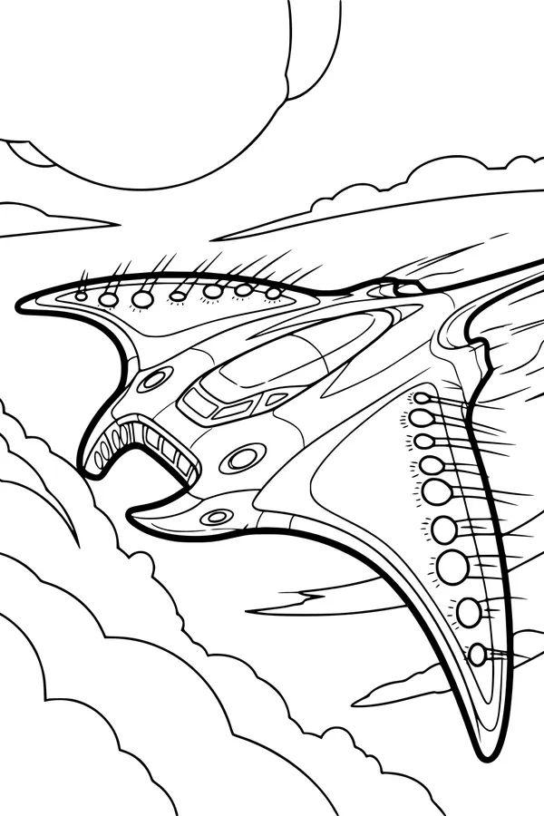 Free UFO Spaceship Coloring Page - Winged Starship in Morning Clouds (Printable PDF)