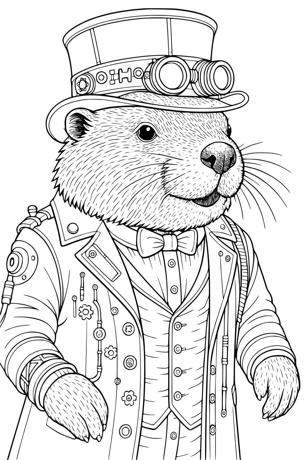 Beaver in a steampunk jacket, top hat with goggles, bowtie, and decorated with gears.