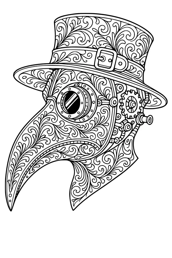 Free Plague Doctor Mask Coloring Page - Steampunk Bird Beak With Top Hat (Printable PDF)