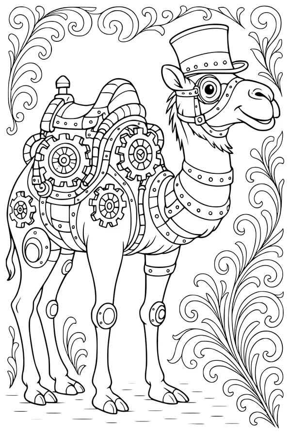 Free Camel Coloring Page - Steampunk Top Hat And Gears (Printable PDF)