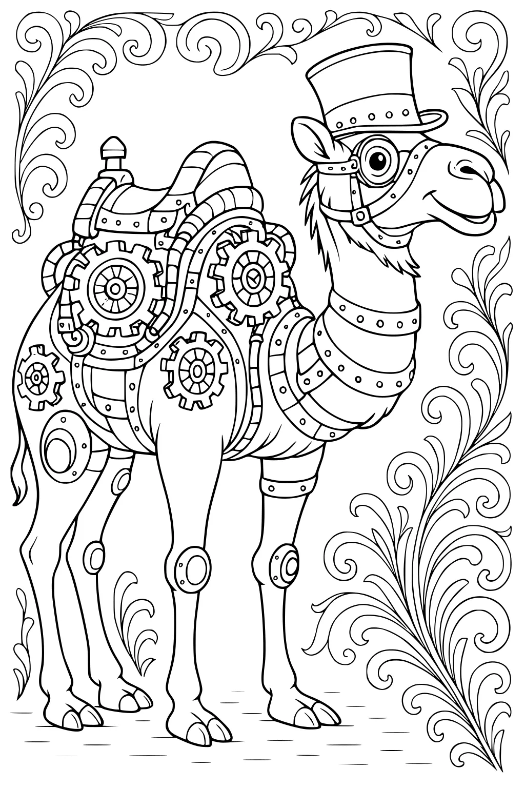 Steampunk camel with gears, belts, top hat, and goggles, surrounded by swirling vine decorations.