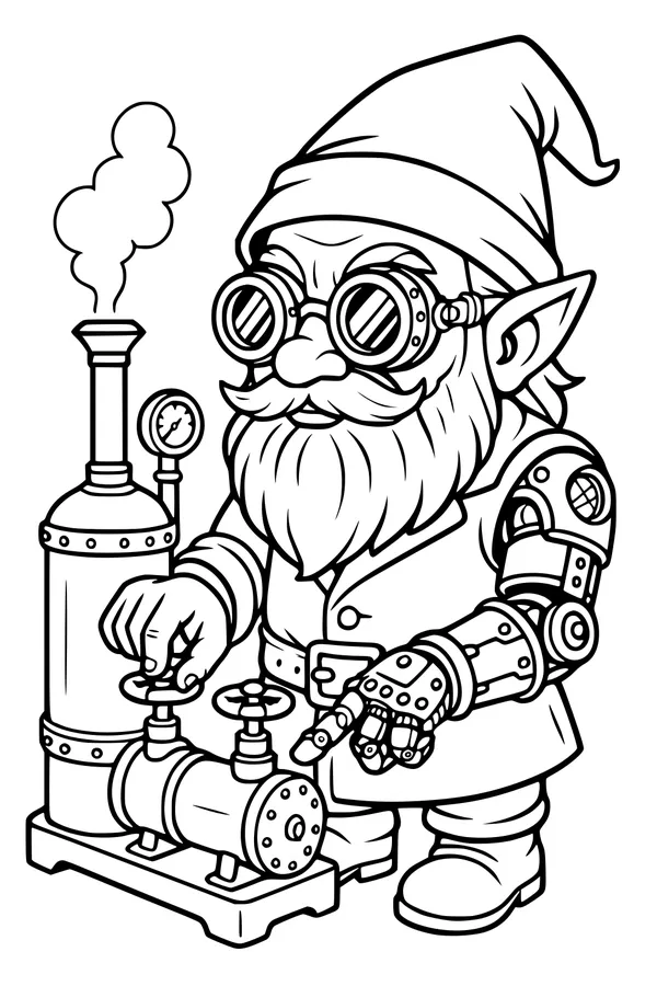 Free Gnome Coloring Page - Steampunk Inventor in Steam Workshop (Printable PDF)